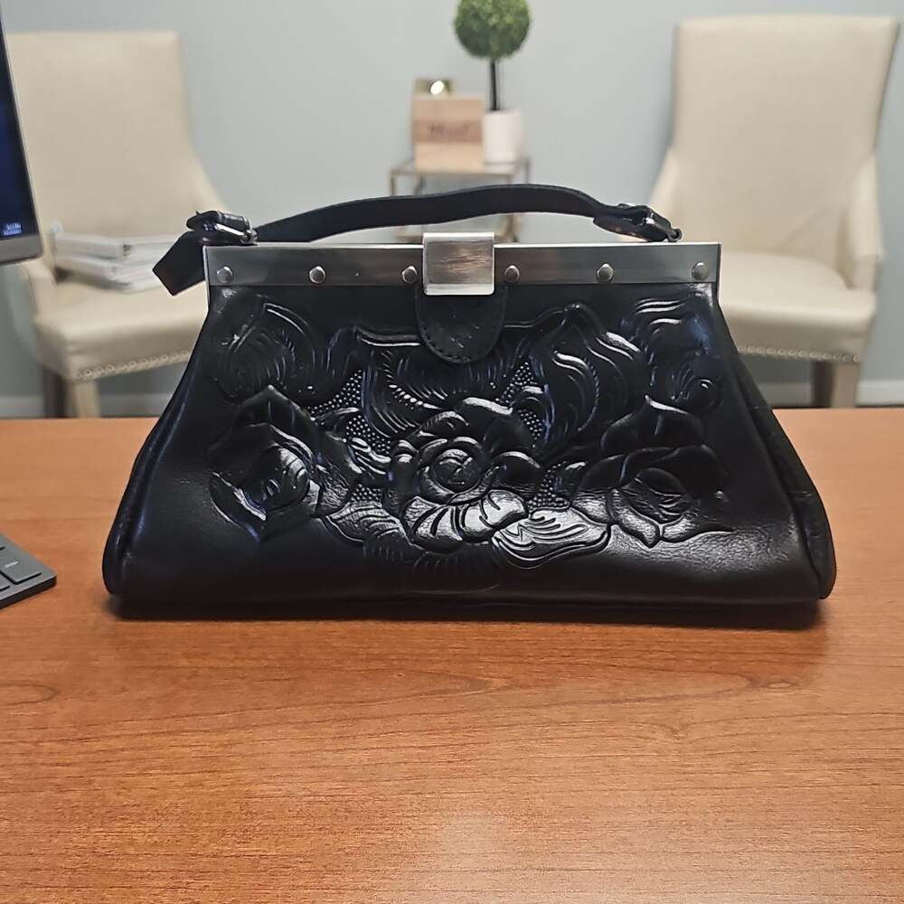 Patricia Nash Black Rose Tooled Italian Leather Frame Handbag/Purse